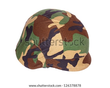 Kevlar helmet woodland camouflage isolated on white