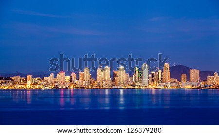 Panorama view of Beautiful San Diego city downtown skyline at night, California, USA