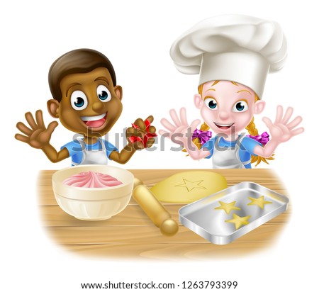 Cartoon boy and girl children, one black one white, dressed as chefs or bakers baking cakes and cookies
