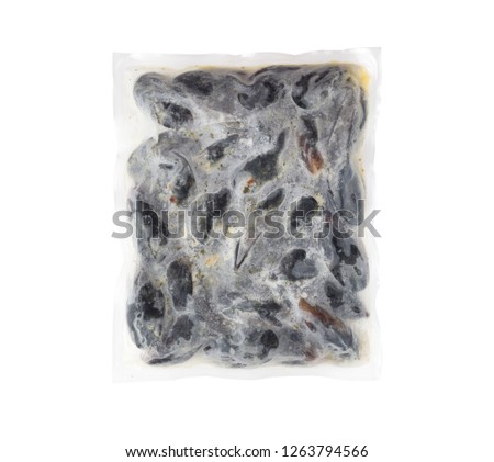Frozen mussels in sash on a white background. Mussels in vacuum packaging on a white background.