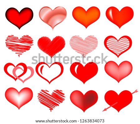 Set of vector hearts. Hand drawn vector illustration. Red scribble hearts isolated on white.