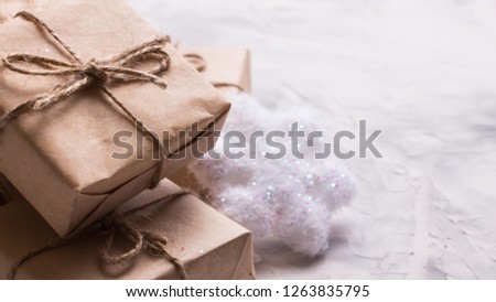 Set of gifts on light white and gray background with space for text. New Year, Christmas concept.
