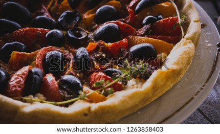 vegetarian pizza with tomatoes, olives, sweet peppers, onions and seasonings. Proper nutrition. Food photography. Close-up