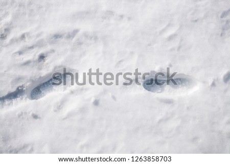 Shoe prints in the snow. Close-up of two shoe footprints in fresh snow
