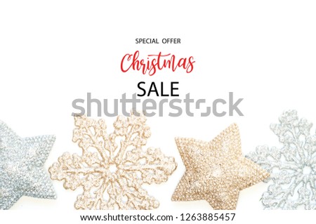 Merry Christmas sale background. Christmas background with shining snowflakes and stars.