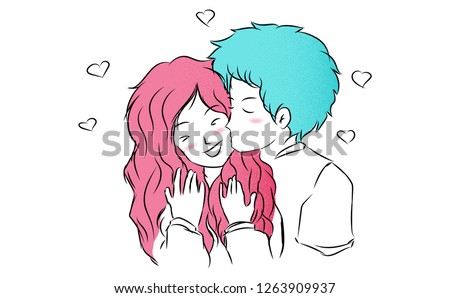 valentines day concept.Loving couple of teenagers kissing.woman kissing boyfriend.isolate background.vector illustration in hand drawn style.cartoon doodle design,grain,noise texture.clip art.
