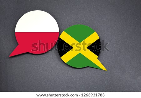 Poland and Jamaica flags with two speech bubbles on dark gray background