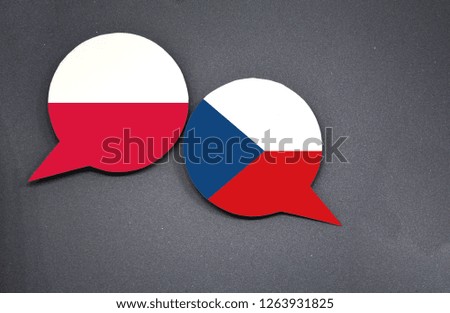 Poland and Czech Republic flags with two speech bubbles on dark gray background