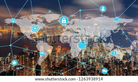 World map with infographics template, network connection lines, wifi, and smartphone icons on Hong Kong City downtown in futuristic digital technology in smart city concept.