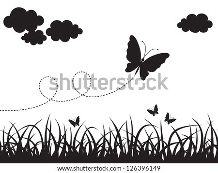 Picture with seamless grass, clouds and butterflies. Black silhouettes on white background.