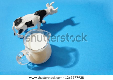 full milk jugful and cow isolated on blue background. light and shadow. empty copy space for inscription. 