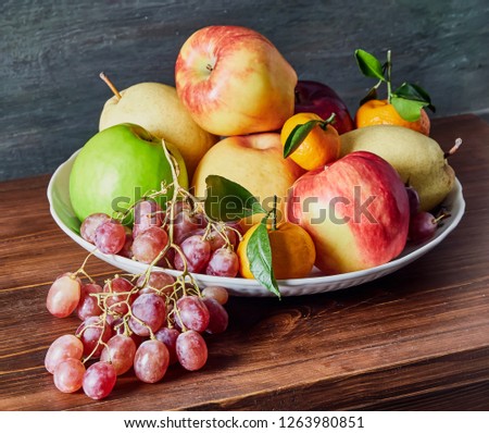 fruit still life, fruit laid out on the table and background