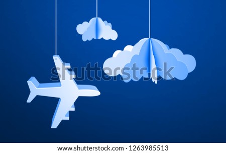 Paper flying plane in cut out paper clouds. Vector illustration in origami style on blue sky