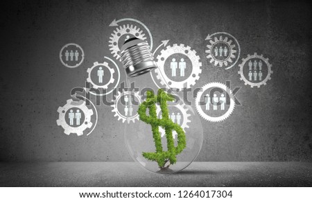 Lightbulb with green dollar symbol inside placed against sketched social gear structure on grey wall. 3D rendering.