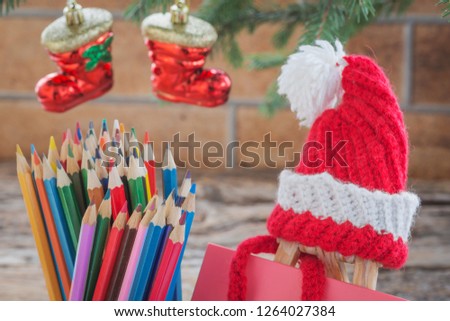Christmas composition with colored pencils for drawing lessons at school