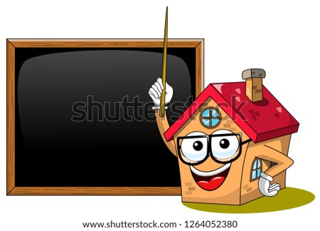 Happy house cartoon funny character teacher stick blackboard or chalkboard isolated on white
