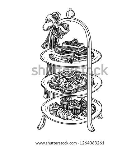 Afternoon tea high stand with sweets. Sketch. Engraving style. Vector illustration. Royalty-Free Stock Photo #1264063261
