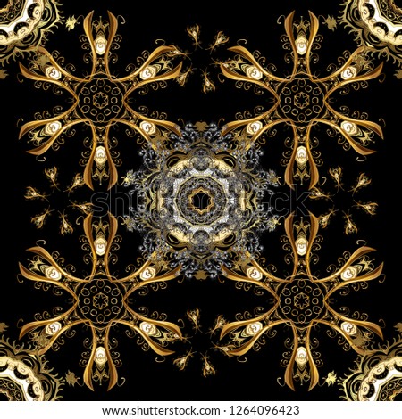 Good for greeting card for birthday, invitation or banner. Gold on brown and black colors. Decorative symmetry arabesque. Seamless medieval floral royal pattern.