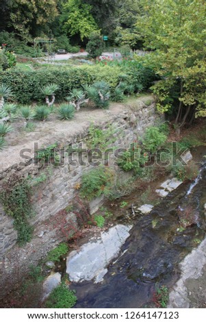 Scenic view on the beautiful landscape with rocks and water flow in Tbilisi botanical garden, Tbilisi, Georgia