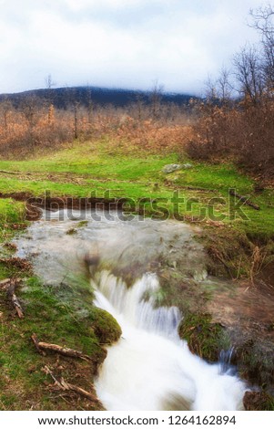 RIVER BETWEEN GREEN GRASS AND TREES IN AUTUMN LOWERING FROM THE MOUNTAIN