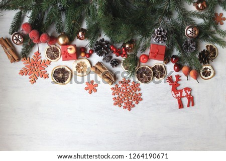 Christmas background with fir branches, decorations/ flat lay /top view