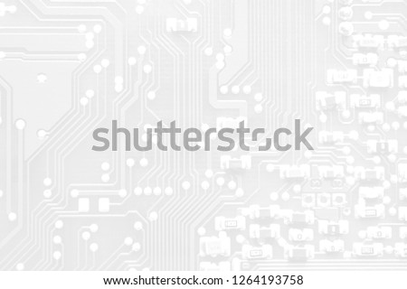 White texture background of printed circuit board.
Electronic computer hardware technology. Tech science background. Integrated communication processor. Information engineering component.  Royalty-Free Stock Photo #1264193758