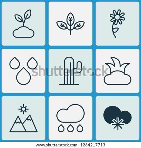 Ecology icons set with snowy weather, shrub, branch and other landscape elements. Isolated vector illustration ecology icons.