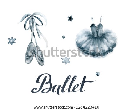 Ballet slippers and dress. Watercolor hand painted illustration isolated on white background.Ballet series.