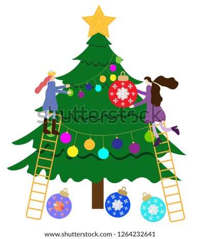 Set for decoration design. Person decorating christmas tree. Christmas eve. Vector design element. Woman decorating beautiful christmas tree. Young family together.