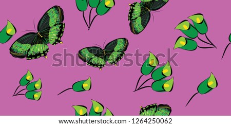 Seamless pattern with hand drawn butterflies and calla lilies on a purple background