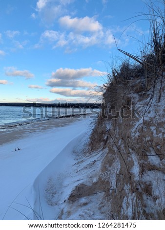 Beach View From Snowy Dunes At Sunset-Lake Superior, Michigan