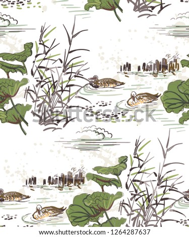 pond ducks burdock nature landscape view vector sketch illustration japanese chinese oriental line art ink seamless pattern