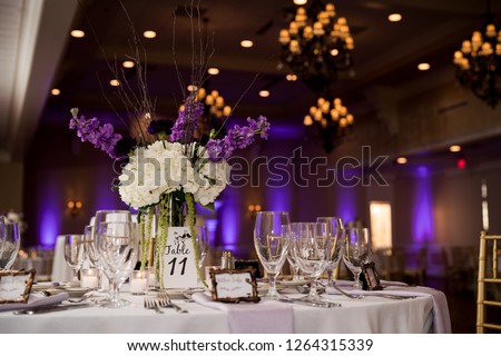 Wedding reception with purple uplights Royalty-Free Stock Photo #1264315339