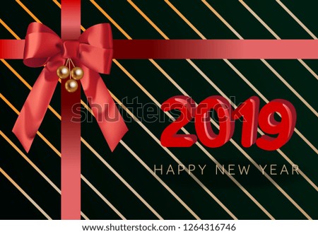Two thousand nineteen lettering, red ribbon and bow. New Year Day greeting card. Typed text, calligraphy. For leaflets, brochures, invitations, posters or banners.