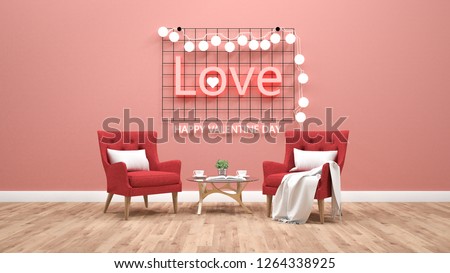 Valentines day theme with light text on wall. 3d rendering
