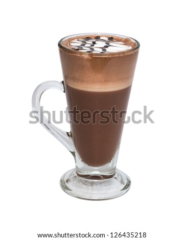 Hot chocolate with whipped cream in mug on white background