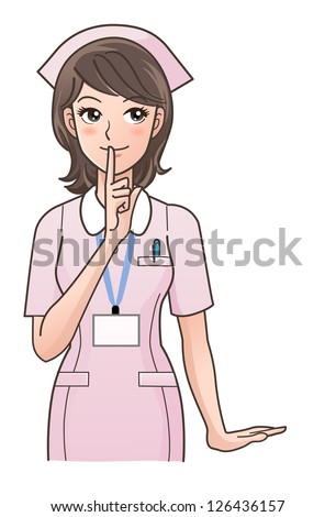 Cute nurse posing to ask  silence in pink uniform.Gradients used.