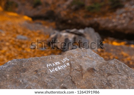 Make life worth it etched on a rock in forest
