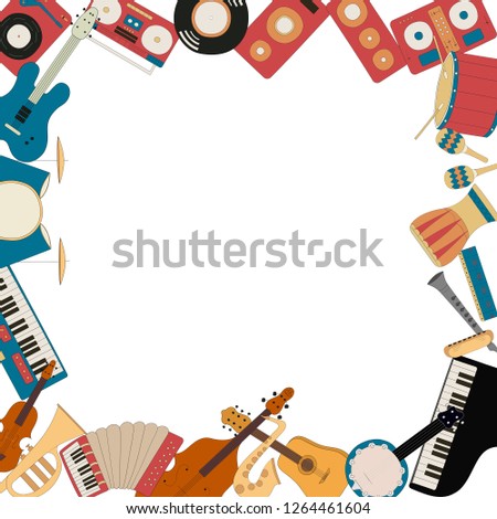 Musical instruments frame. Music shop or school concept border. Vector isolated illustration. Cello, guitar, saxophone and violin for country festival or jazz fest.