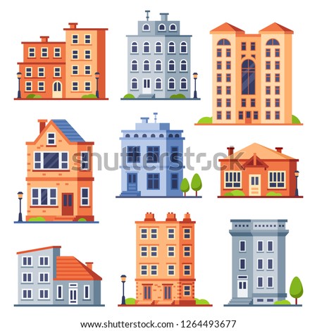 Living house buildings. Cottage houses exterior, condominium apartment building and modern cottages exteriors. Town cottage residential houses modern flat vector isolated icons set Royalty-Free Stock Photo #1264493677