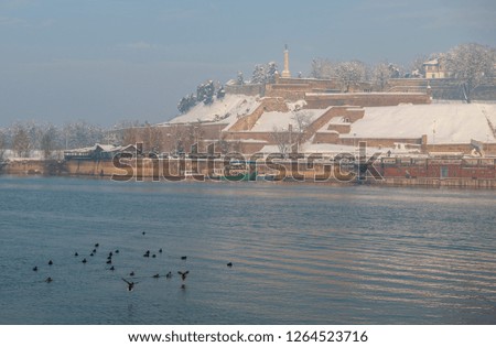 Kalemegdan fortress covered with snow in Belgrade, Serbia