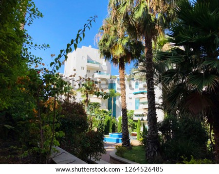 Residential buildings and fountain surrounded with green plants in  Rishon Le Zion.
