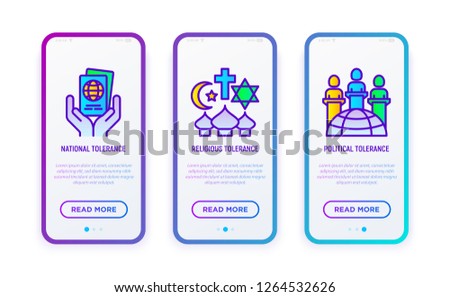 Tolerance thin line icons set: national, religious, political. Vector illustration for user mobile interface.