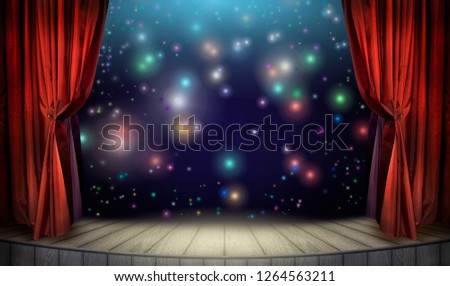 Festive poster for night show decoration or art presentation with classic theater stage, velvet red curtains and colorful night lights of illumination and glitters at dark background. Royalty-Free Stock Photo #1264563211