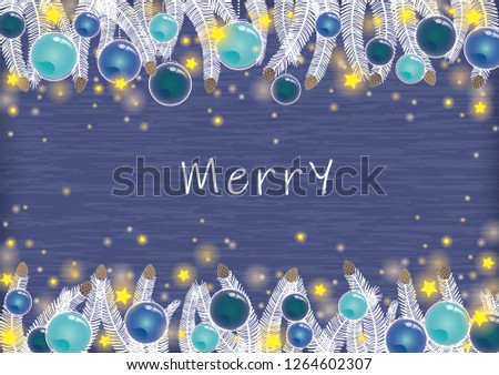 White Christmas tree, Christmas ball and glitter star party light on blue wood texture background vector for decoration on Christmas holiday and winter events.