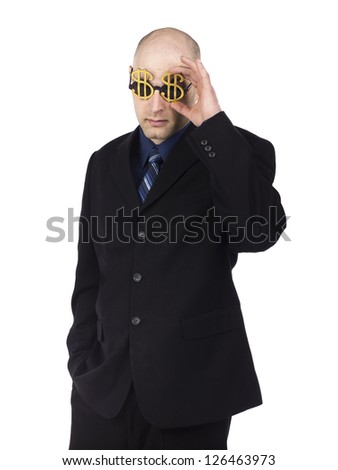 Businessman wearing dollar glasses isolated on white