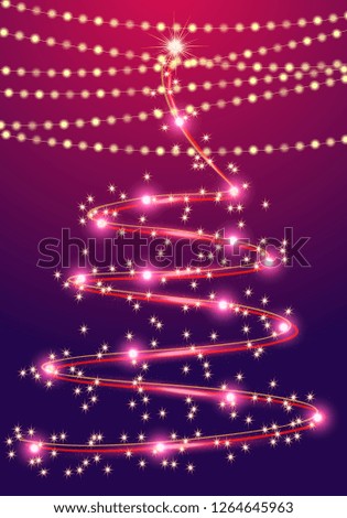 Abstract Christmas tree with garlands on a blue-violet backgroun