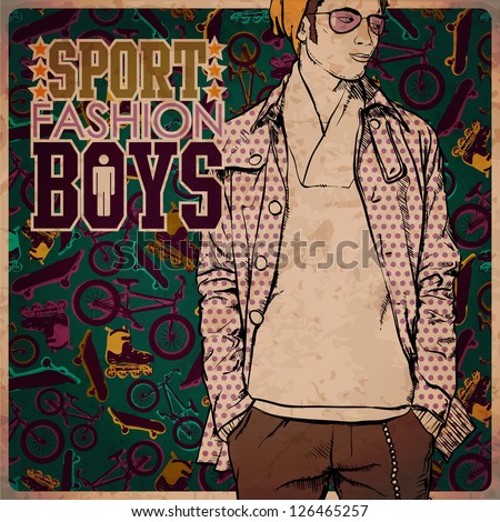 Cool boy in sketch-style on a sports background. Vector illustration