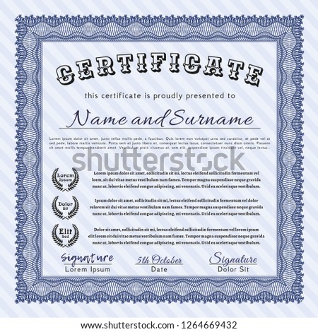 Blue Certificate of achievement template. Printer friendly. Detailed. Beauty design. 