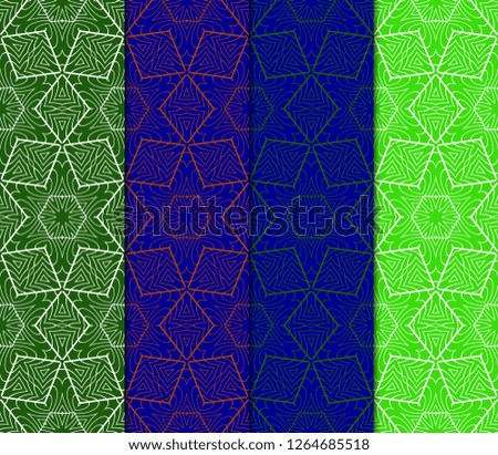 Set Of Seamless Line Geometric Floral Pattern. Abstract Geometry Flower. Vector Illustration. Interior Decoration, Wallpaper, Presentation, Fashion Design . Blue Color.